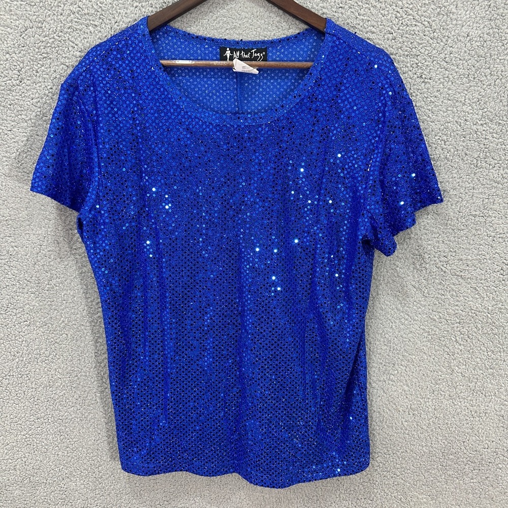 Vtg 90s All That Jazz Blue Sequin Top Womens Large Short Sleeve Showgirl Glam‎